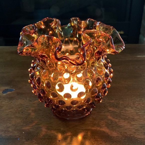 Vintage Fenton Amber Glass Footed Hobnail Vase with Ruffled Edge - Picture 11 of 12